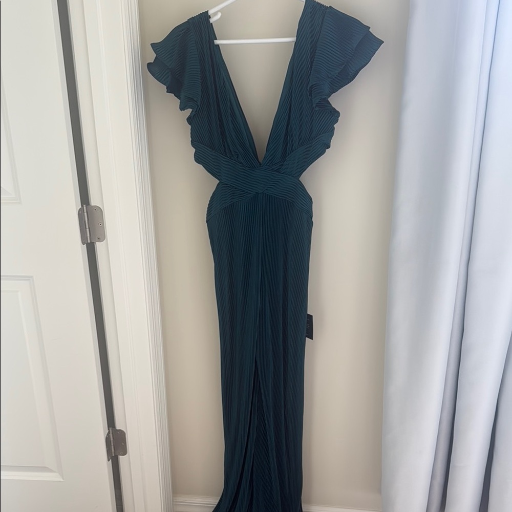 Blue Plunge Neckline Jumpsuit with Tie Front and Flutter Sleeves